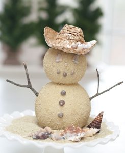 Beach Sand Snowman with Straw Hat and Sea Shells