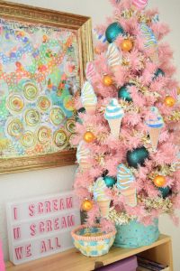 Pink Christmas Tree With Ice Cream decorations, Blue and Orange Baubles