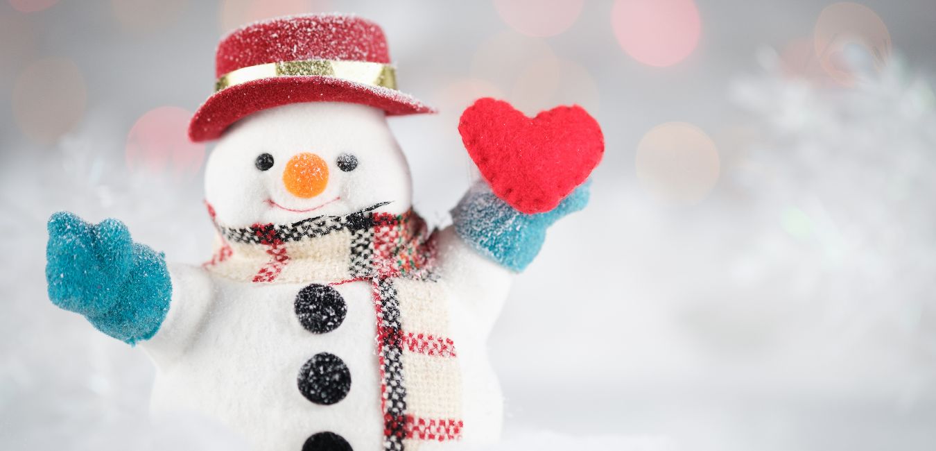 Snowman with red hat and heard in hand