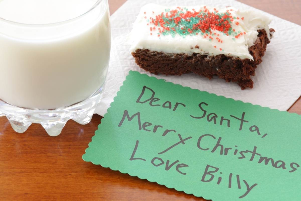 fruit cake, glass of milk, and note for Santa