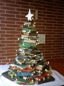 Christmas tree made of books with lights