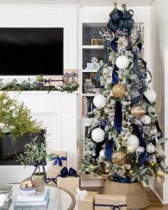 Blue and White Christmas Tree With Gold Accents