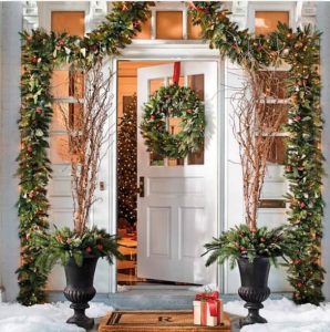 Christmas Garland Around White Front Door