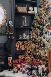 rustic dark blue, red, and gold Christmas tree