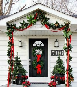 Duo Front Door Christmas Trees on Farm House