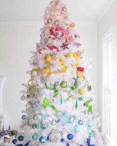 Rainbow Ornaments on white Christmas tree