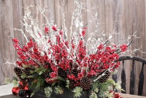 Red Shrubs With Pine Cones And Red Baubles in a Box