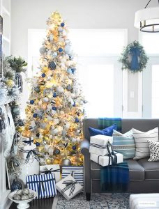 Christmas tree decorating in three colors