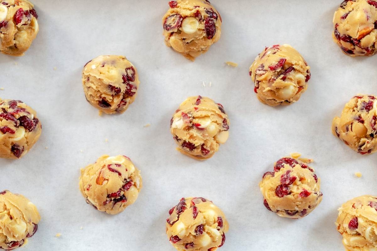 Almond Cranberry Cookie Balls on Baking Sheet