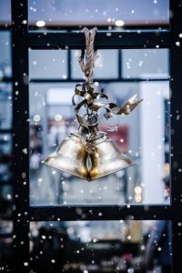 Metallic bells mini wreath in window