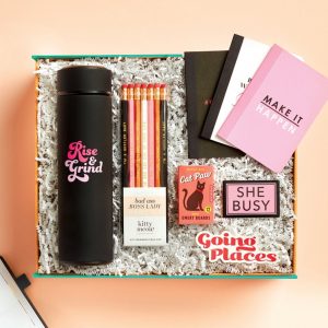 boss babe gift box with pens notebooks and water bottle