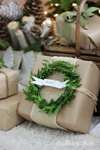 Craft paper and boxwood wreath gift wrap