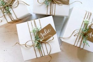 white gift wrapping with name tags